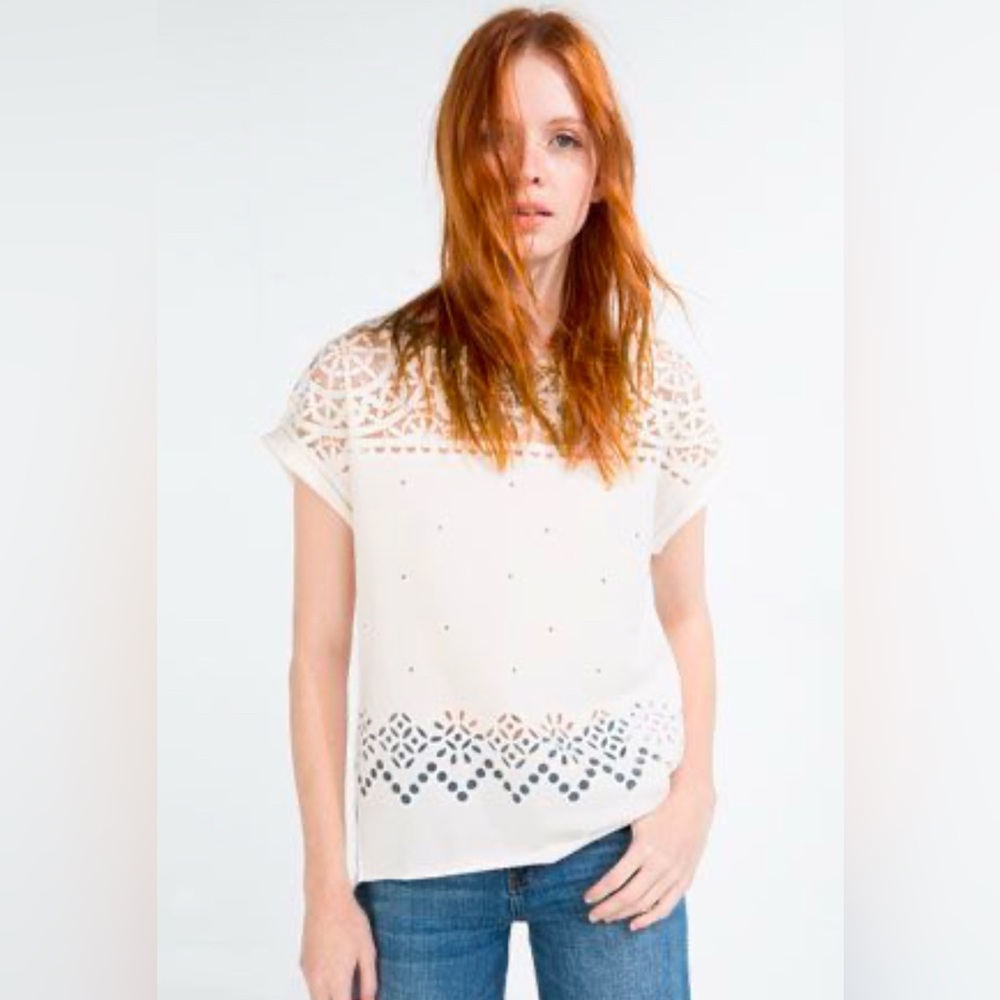Zara white eyelet cutout folded short sleeve high low blouse